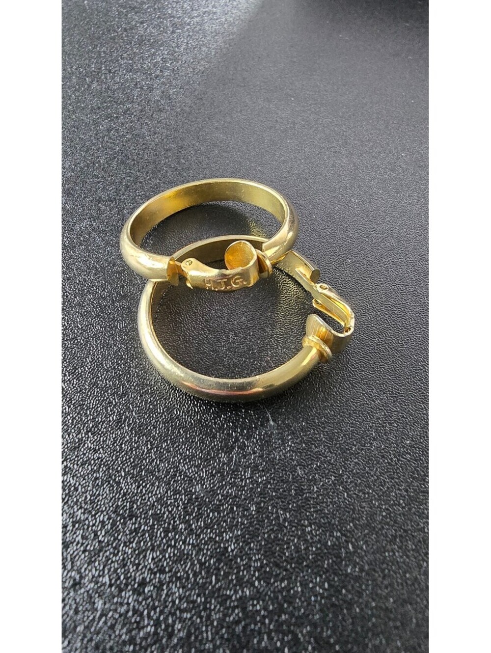 Vintage Gold Tone Hoop Earrings with H.G. Engraving, Classic Clasp Closure